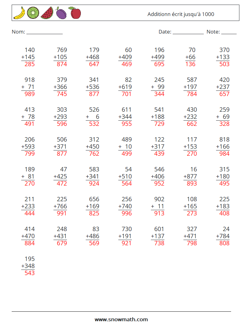 (50) Additionn écrit jusqu'à 1000 Fiches d'Exercices de Mathématiques 18 Question, Réponse