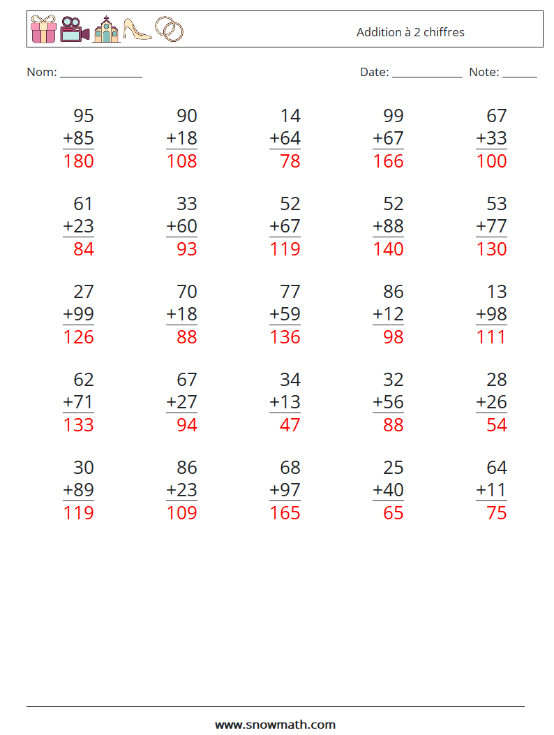 (25) Addition à 2 chiffres Fiches d'Exercices de Mathématiques 13 Question, Réponse