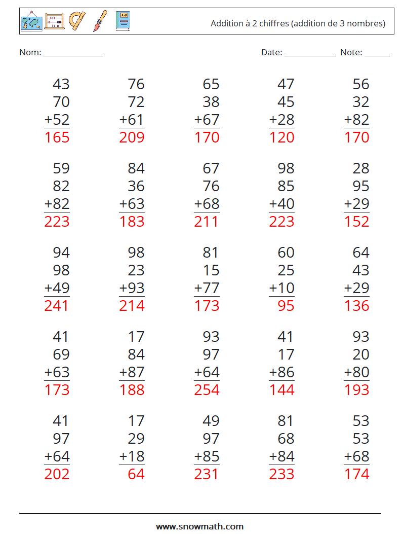 (25) Addition à 2 chiffres (addition de 3 nombres) Fiches d'Exercices de Mathématiques 10 Question, Réponse