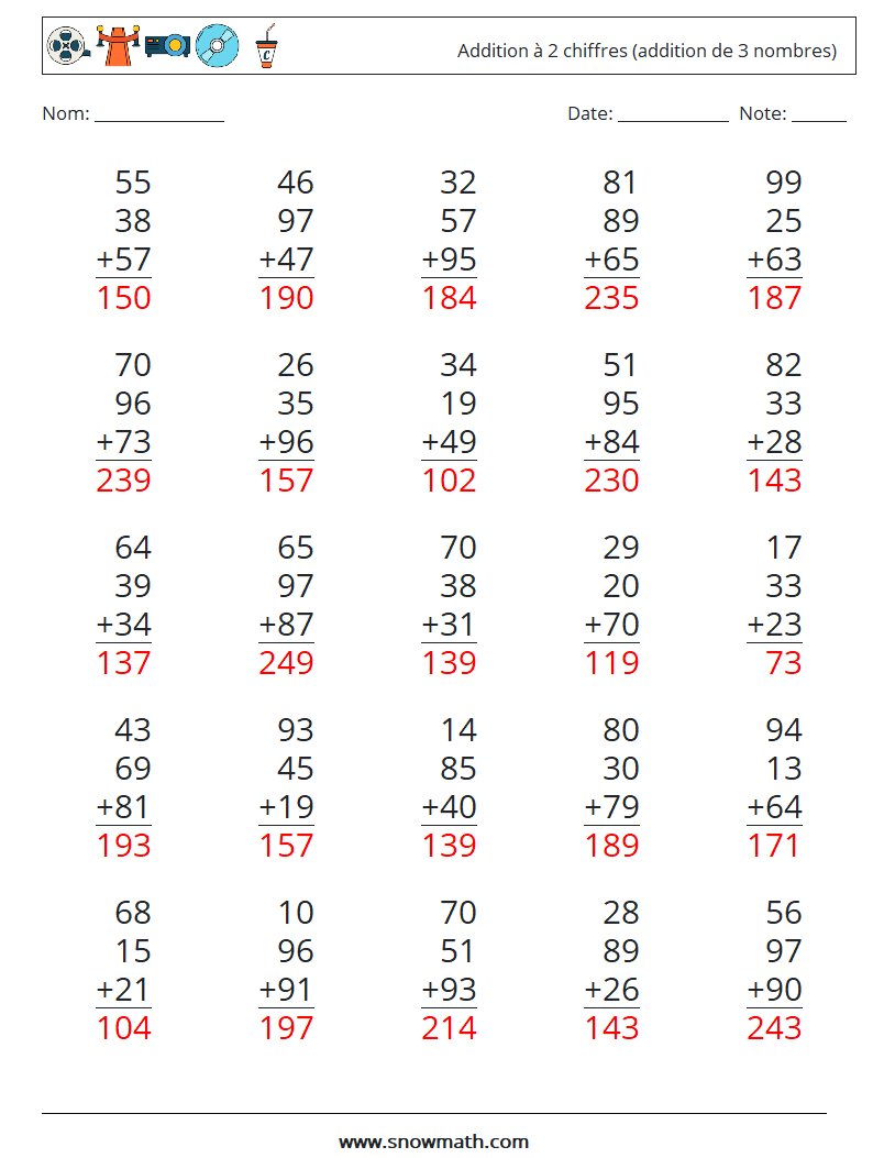 (25) Addition à 2 chiffres (addition de 3 nombres) Fiches d'Exercices de Mathématiques 16 Question, Réponse