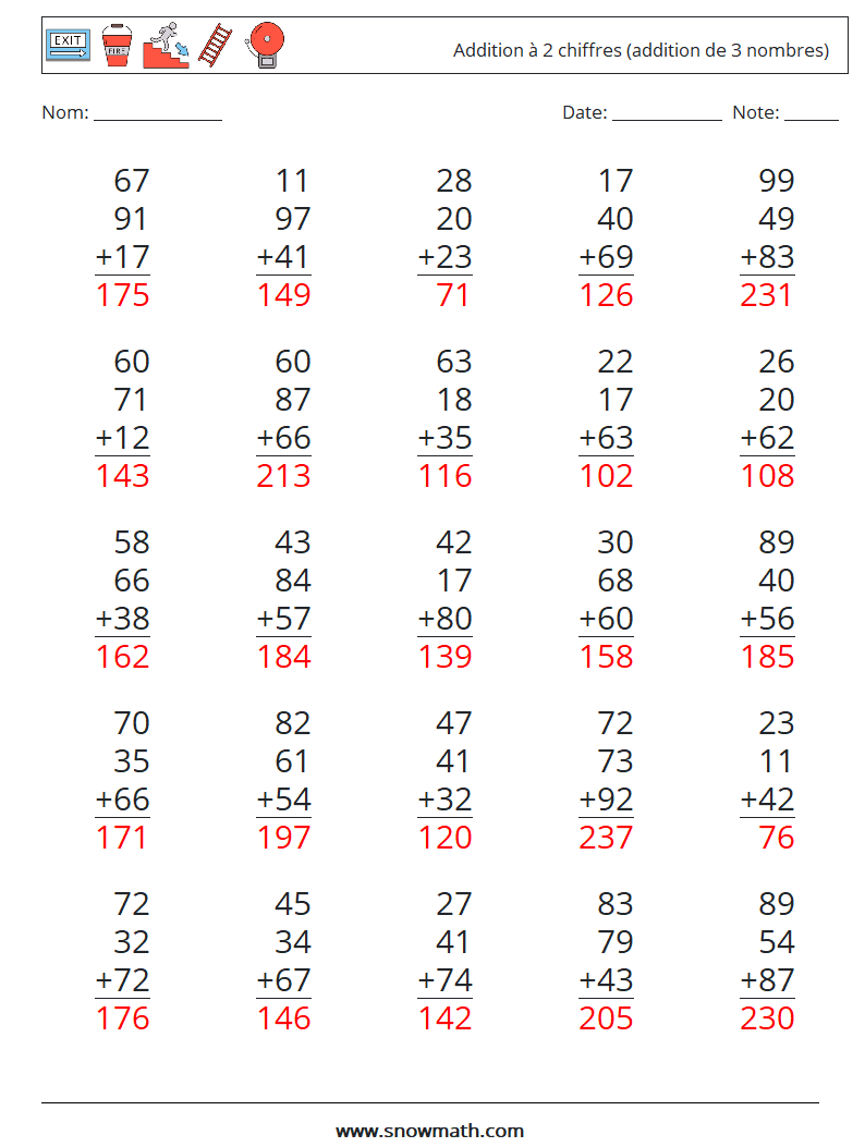 (25) Addition à 2 chiffres (addition de 3 nombres) Fiches d'Exercices de Mathématiques 17 Question, Réponse