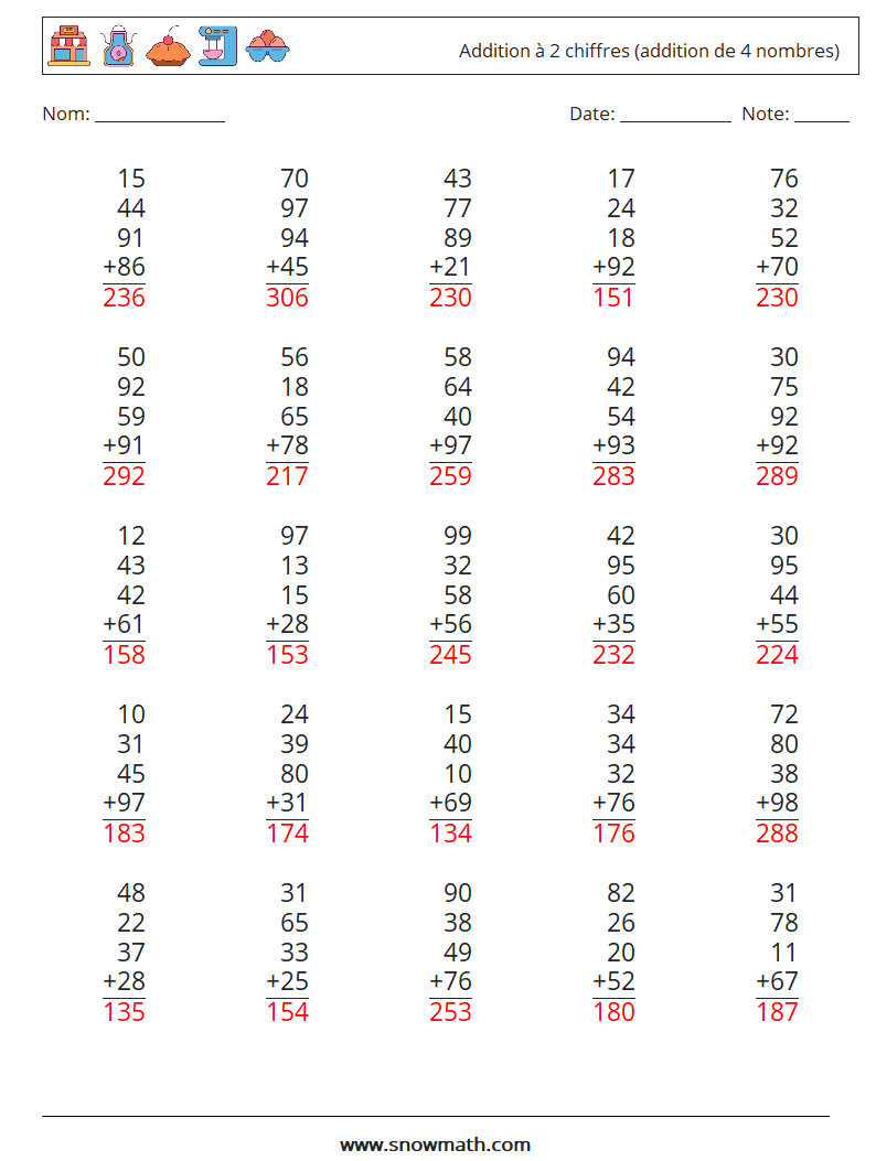 (25) Addition à 2 chiffres (addition de 4 nombres) Fiches d'Exercices de Mathématiques 15 Question, Réponse