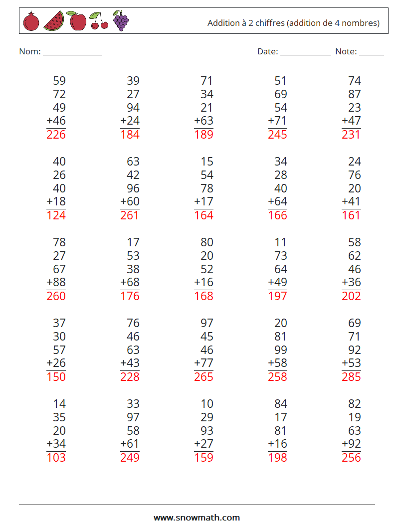 (25) Addition à 2 chiffres (addition de 4 nombres) Fiches d'Exercices de Mathématiques 17 Question, Réponse