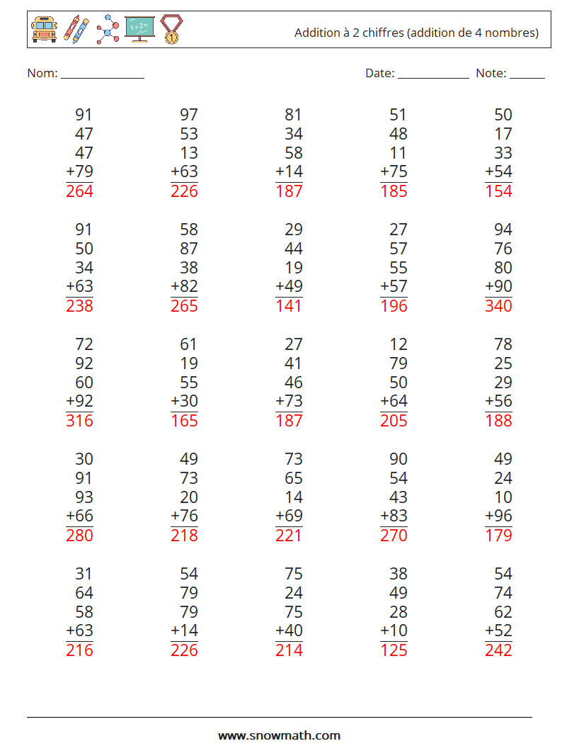 (25) Addition à 2 chiffres (addition de 4 nombres) Fiches d'Exercices de Mathématiques 18 Question, Réponse