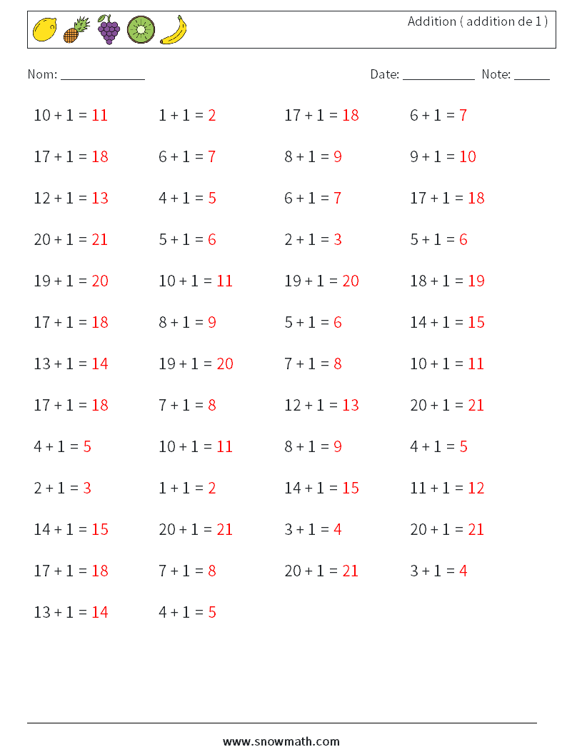 (50) Addition ( addition de 1 ) Fiches d'Exercices de Mathématiques 1 Question, Réponse