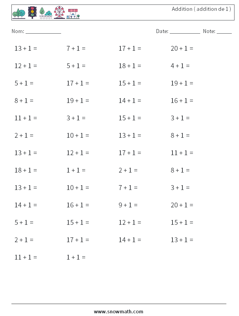 (50) Addition ( addition de 1 ) Fiches d'Exercices de Mathématiques 2