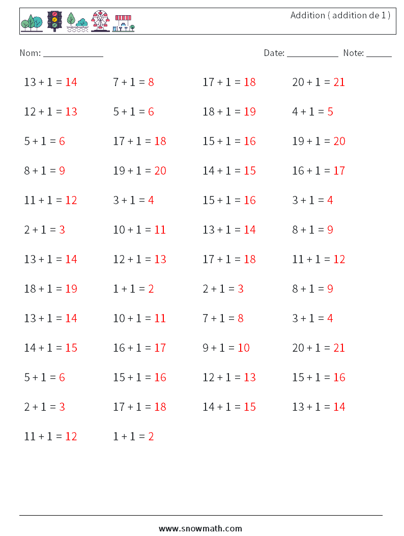 (50) Addition ( addition de 1 ) Fiches d'Exercices de Mathématiques 2 Question, Réponse