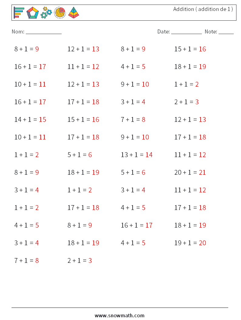 (50) Addition ( addition de 1 ) Fiches d'Exercices de Mathématiques 3 Question, Réponse