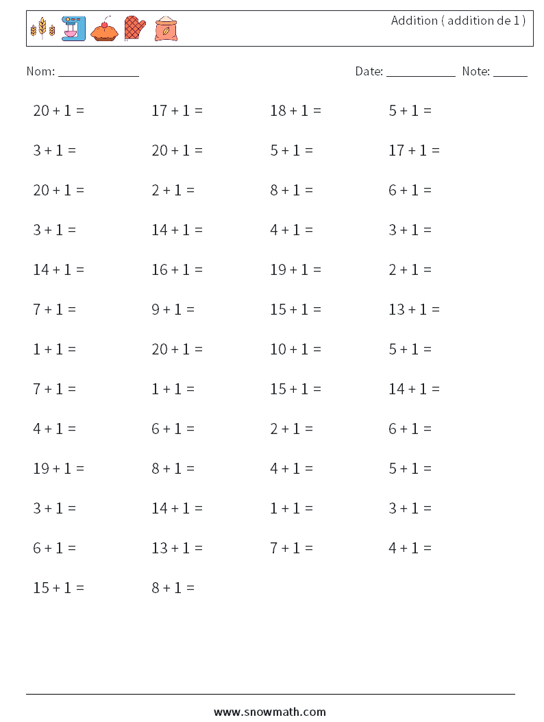 (50) Addition ( addition de 1 ) Fiches d'Exercices de Mathématiques 4