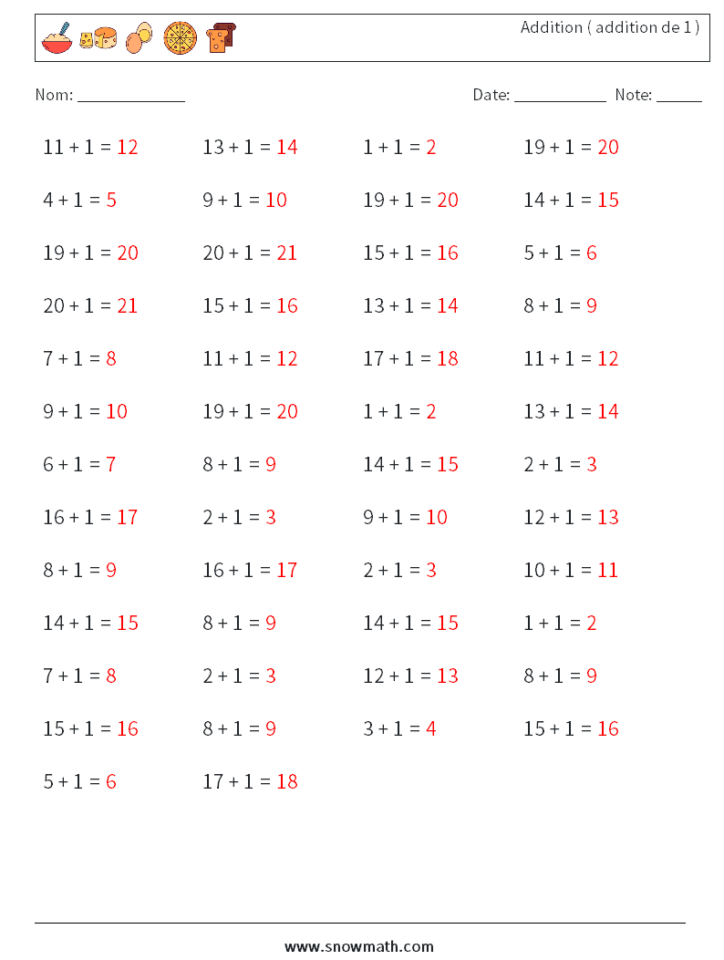 (50) Addition ( addition de 1 ) Fiches d'Exercices de Mathématiques 6 Question, Réponse