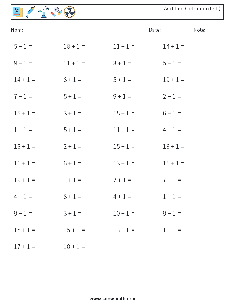 (50) Addition ( addition de 1 ) Fiches d'Exercices de Mathématiques 7