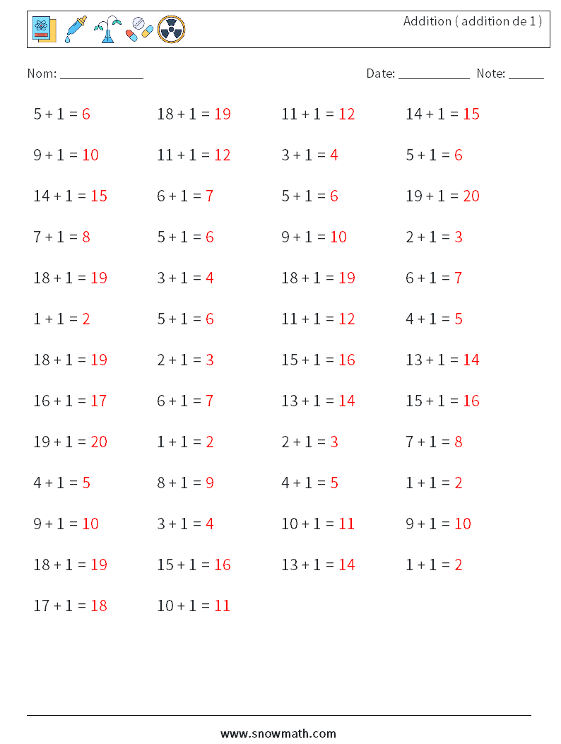 (50) Addition ( addition de 1 ) Fiches d'Exercices de Mathématiques 7 Question, Réponse
