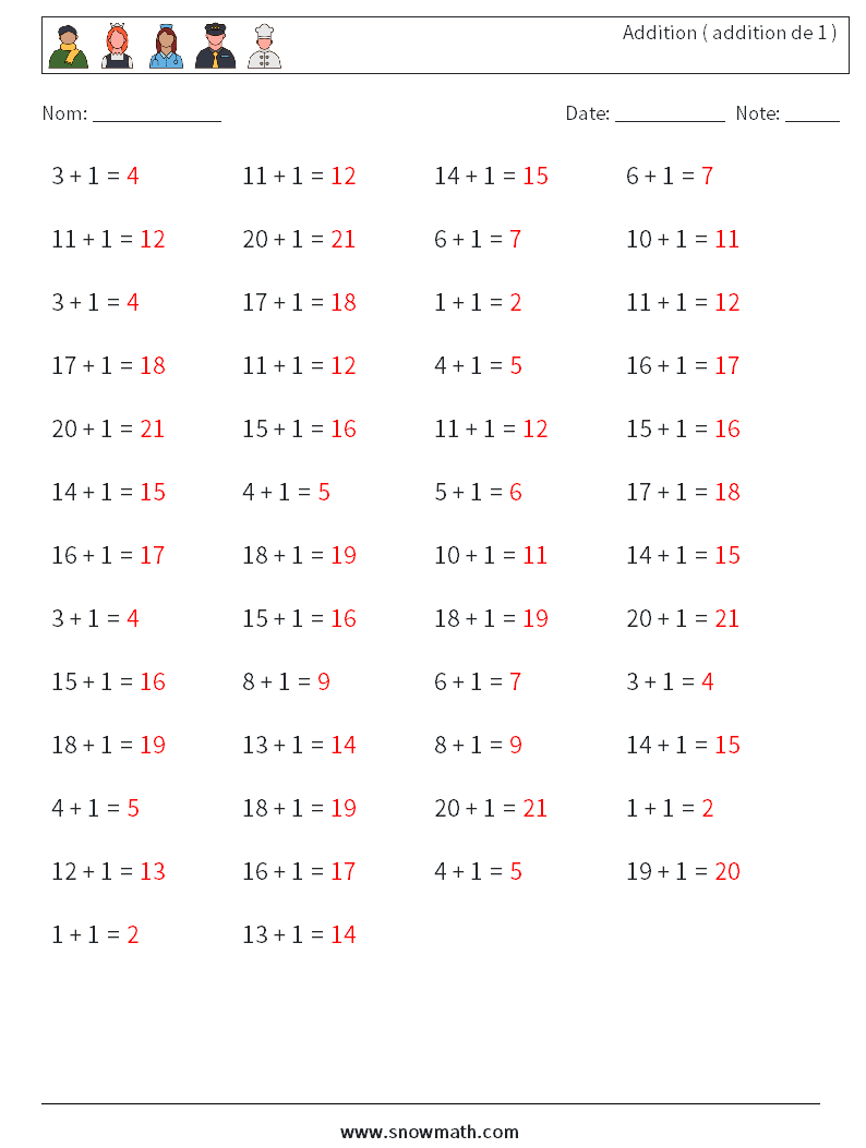 (50) Addition ( addition de 1 ) Fiches d'Exercices de Mathématiques 8 Question, Réponse