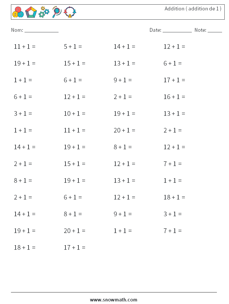 (50) Addition ( addition de 1 ) Fiches d'Exercices de Mathématiques 9