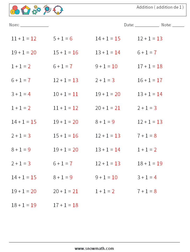 (50) Addition ( addition de 1 ) Fiches d'Exercices de Mathématiques 9 Question, Réponse