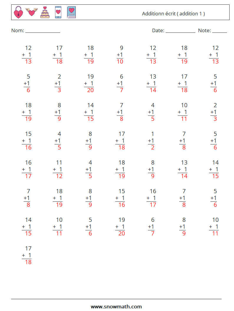 (50) Additionn écrit ( addition 1 ) Fiches d'Exercices de Mathématiques 15 Question, Réponse