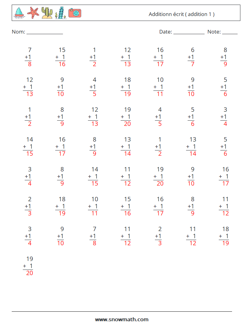 (50) Additionn écrit ( addition 1 ) Fiches d'Exercices de Mathématiques 16 Question, Réponse