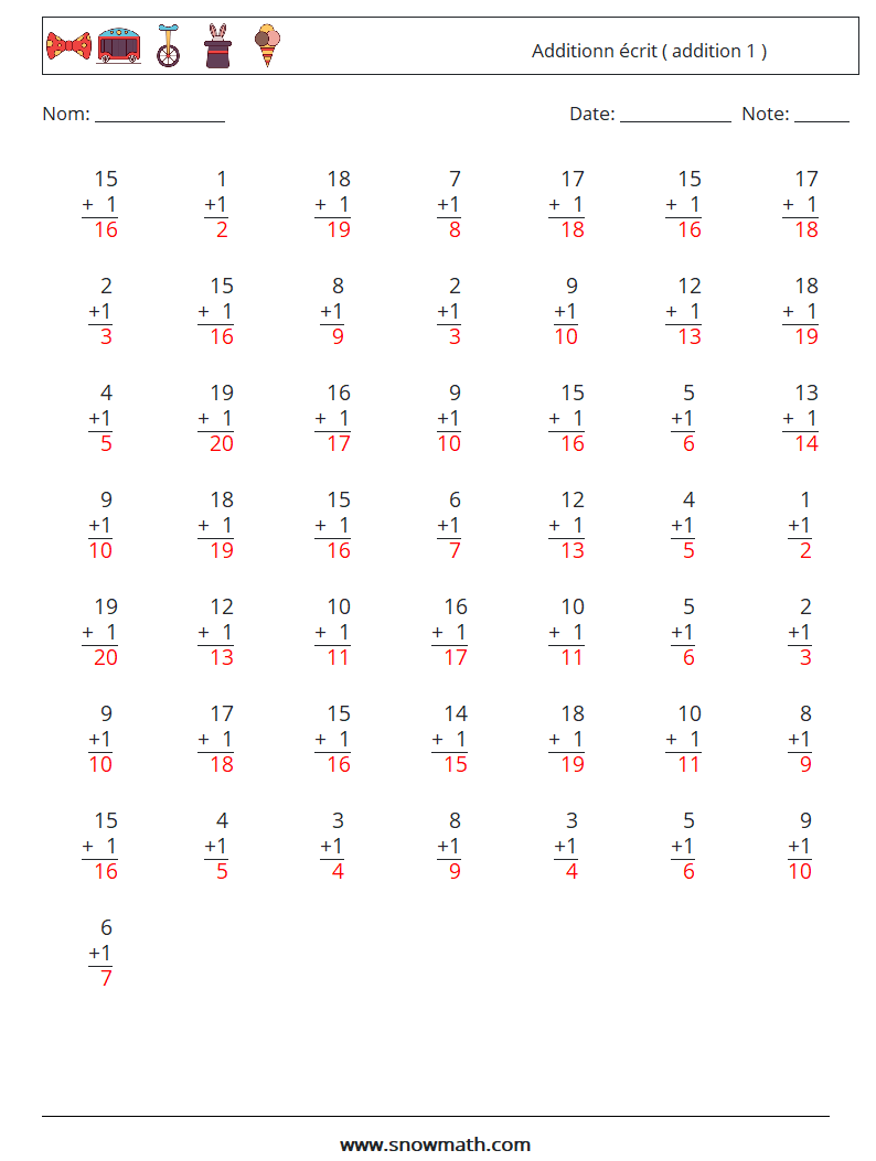 (50) Additionn écrit ( addition 1 ) Fiches d'Exercices de Mathématiques 17 Question, Réponse