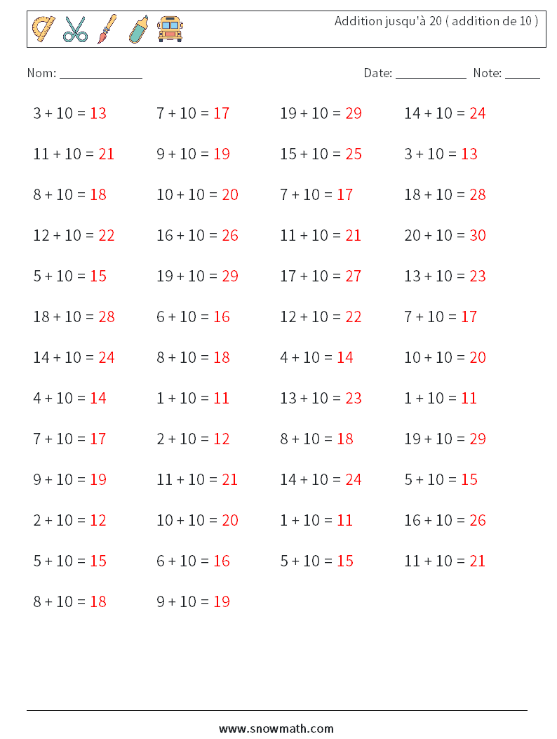 (50) Addition jusqu'à 20 ( addition de 10 ) Fiches d'Exercices de Mathématiques 1 Question, Réponse