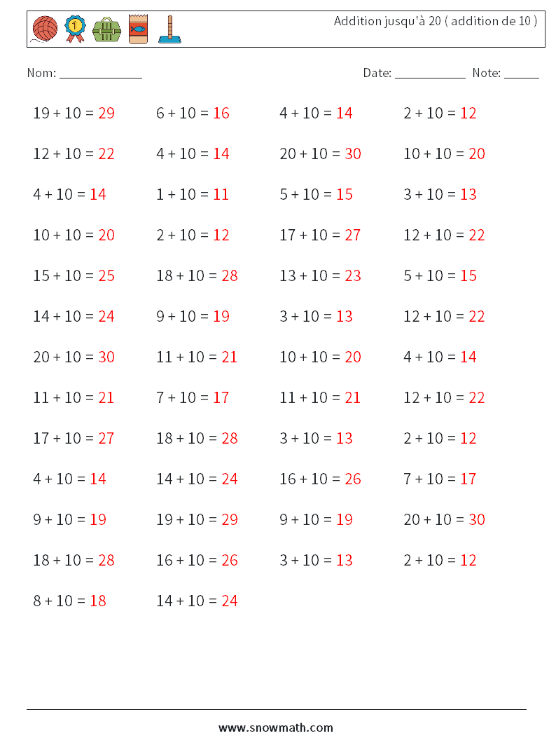 (50) Addition jusqu'à 20 ( addition de 10 ) Fiches d'Exercices de Mathématiques 3 Question, Réponse