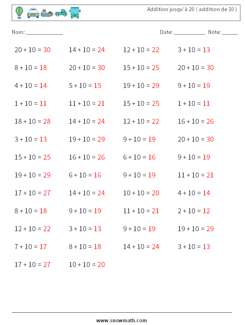 (50) Addition jusqu'à 20 ( addition de 10 ) Fiches d'Exercices de Mathématiques 4 Question, Réponse