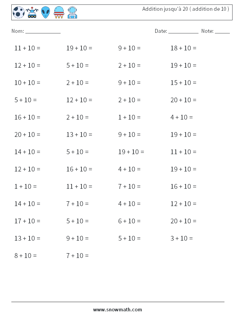(50) Addition jusqu'à 20 ( addition de 10 ) Fiches d'Exercices de Mathématiques 5