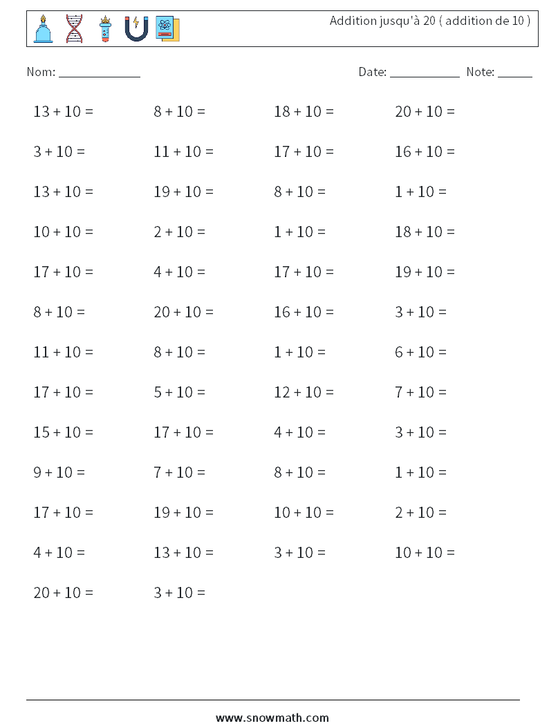 (50) Addition jusqu'à 20 ( addition de 10 ) Fiches d'Exercices de Mathématiques 6