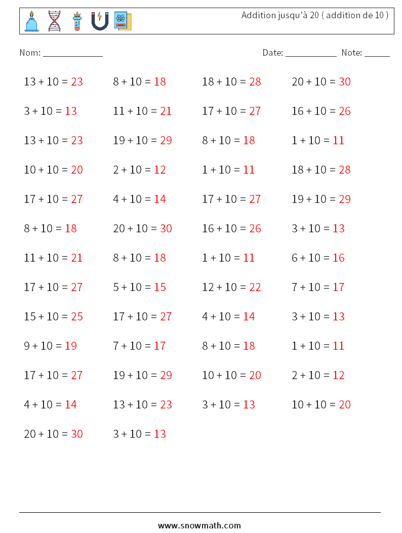 (50) Addition jusqu'à 20 ( addition de 10 ) Fiches d'Exercices de Mathématiques 6 Question, Réponse