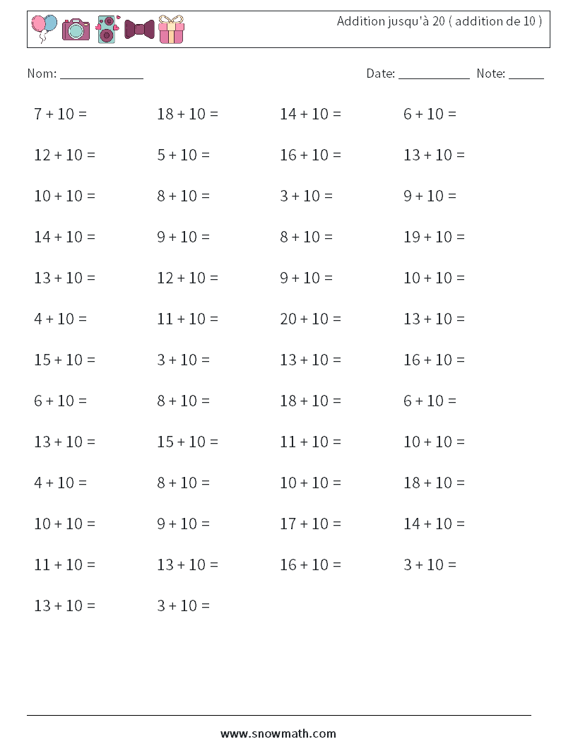 (50) Addition jusqu'à 20 ( addition de 10 ) Fiches d'Exercices de Mathématiques 7