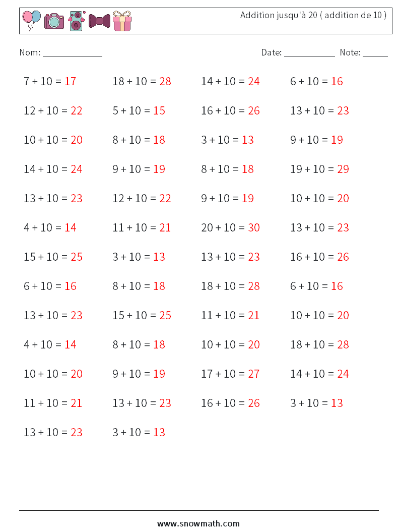 (50) Addition jusqu'à 20 ( addition de 10 ) Fiches d'Exercices de Mathématiques 7 Question, Réponse