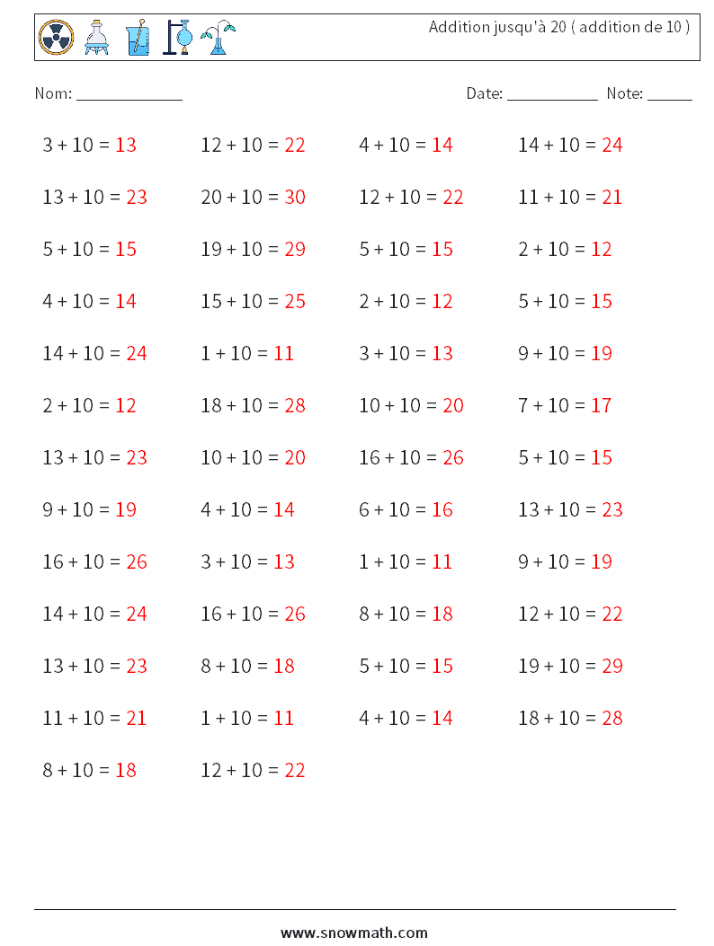 (50) Addition jusqu'à 20 ( addition de 10 ) Fiches d'Exercices de Mathématiques 8 Question, Réponse