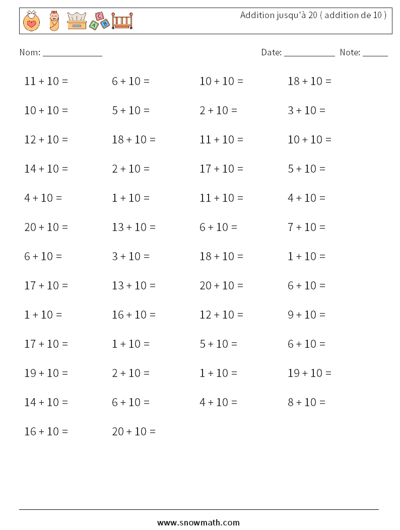 (50) Addition jusqu'à 20 ( addition de 10 ) Fiches d'Exercices de Mathématiques 9