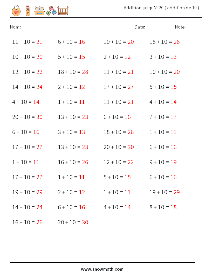 (50) Addition jusqu'à 20 ( addition de 10 ) Fiches d'Exercices de Mathématiques 9 Question, Réponse