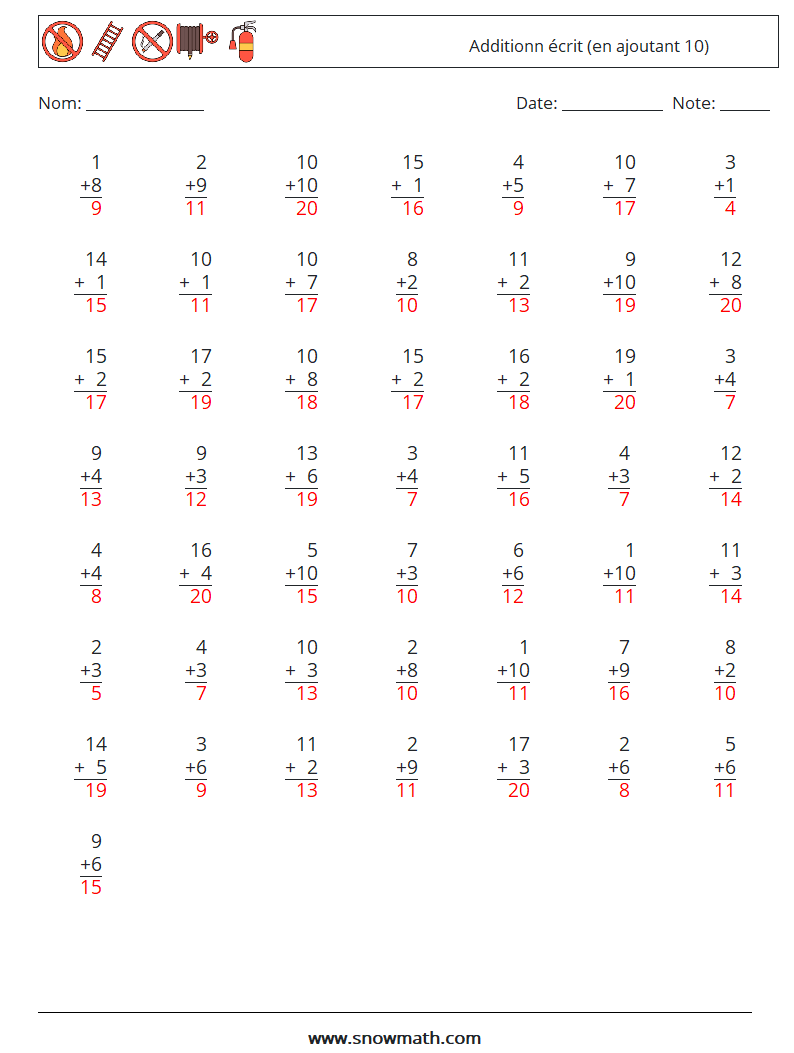 (50) Additionn écrit (en ajoutant 10) Fiches d'Exercices de Mathématiques 10 Question, Réponse