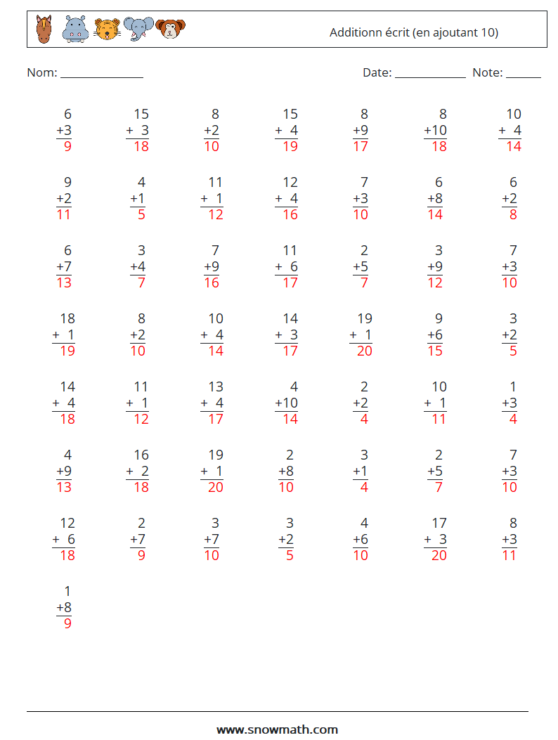 (50) Additionn écrit (en ajoutant 10) Fiches d'Exercices de Mathématiques 13 Question, Réponse