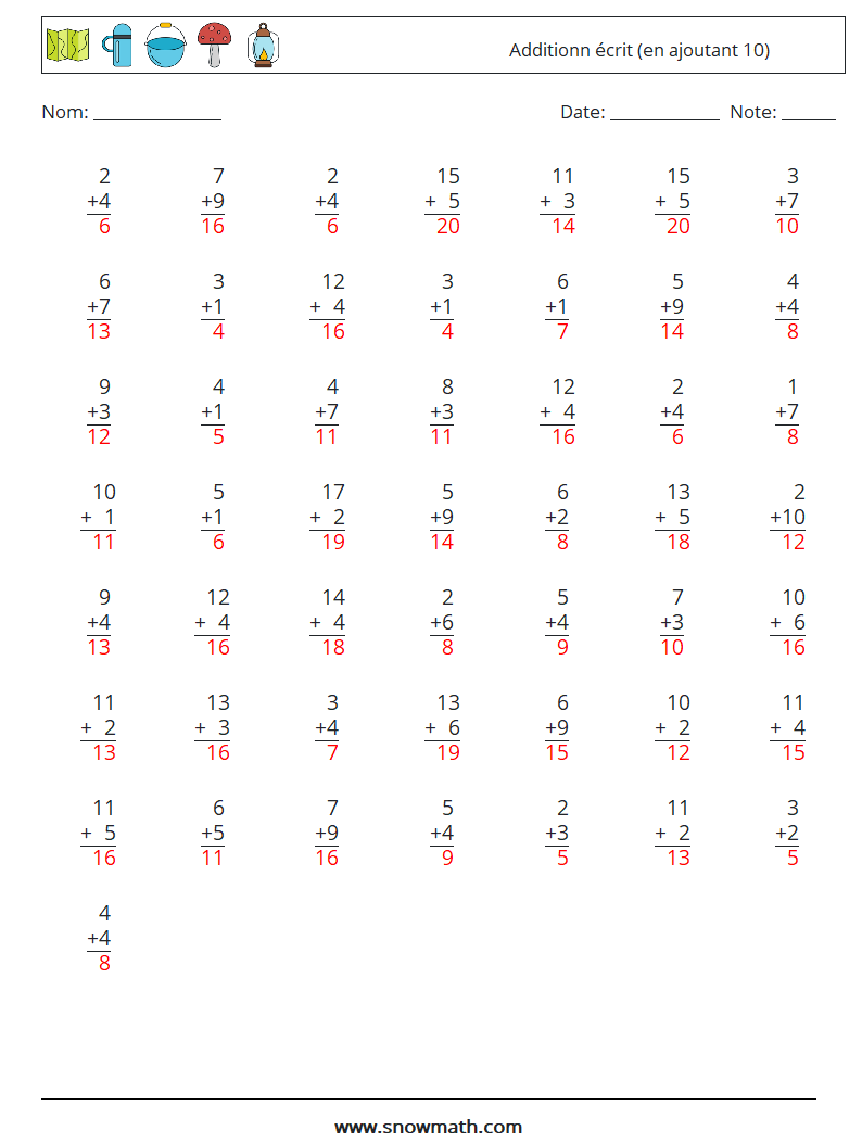 (50) Additionn écrit (en ajoutant 10) Fiches d'Exercices de Mathématiques 17 Question, Réponse