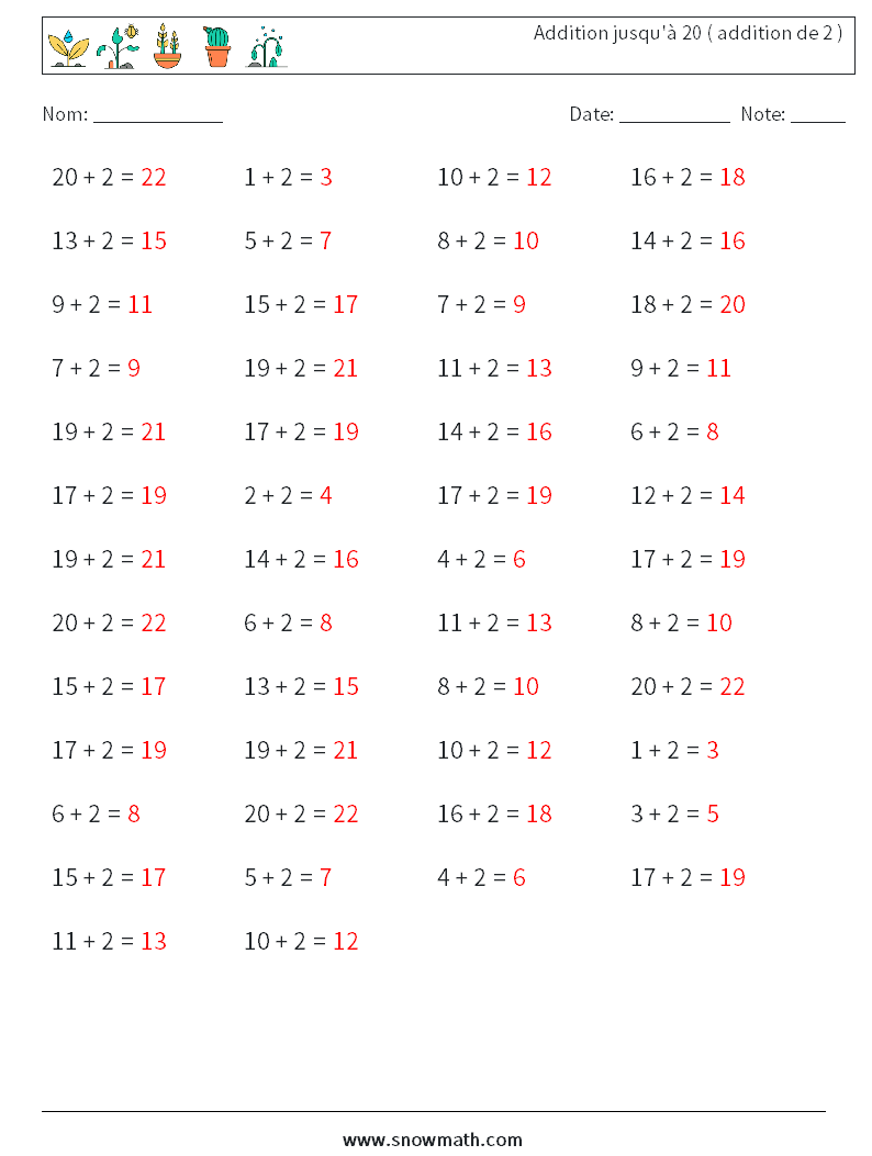 (50) Addition jusqu'à 20 ( addition de 2 ) Fiches d'Exercices de Mathématiques 1 Question, Réponse
