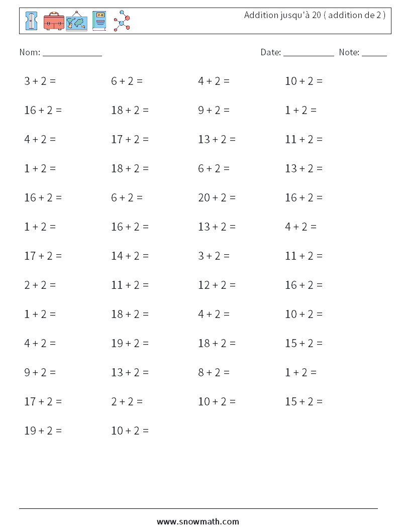 (50) Addition jusqu'à 20 ( addition de 2 ) Fiches d'Exercices de Mathématiques 2