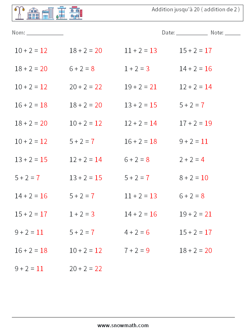 (50) Addition jusqu'à 20 ( addition de 2 ) Fiches d'Exercices de Mathématiques 4 Question, Réponse