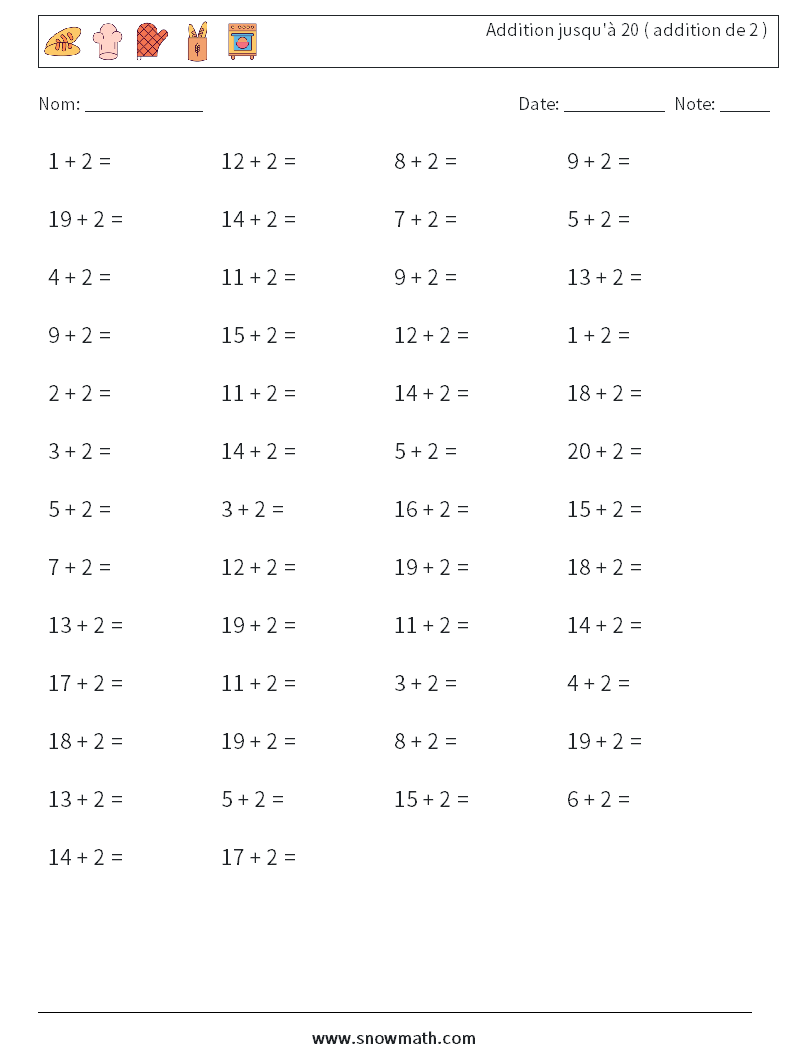(50) Addition jusqu'à 20 ( addition de 2 ) Fiches d'Exercices de Mathématiques 6