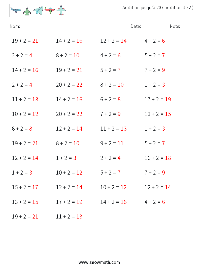 (50) Addition jusqu'à 20 ( addition de 2 ) Fiches d'Exercices de Mathématiques 9 Question, Réponse