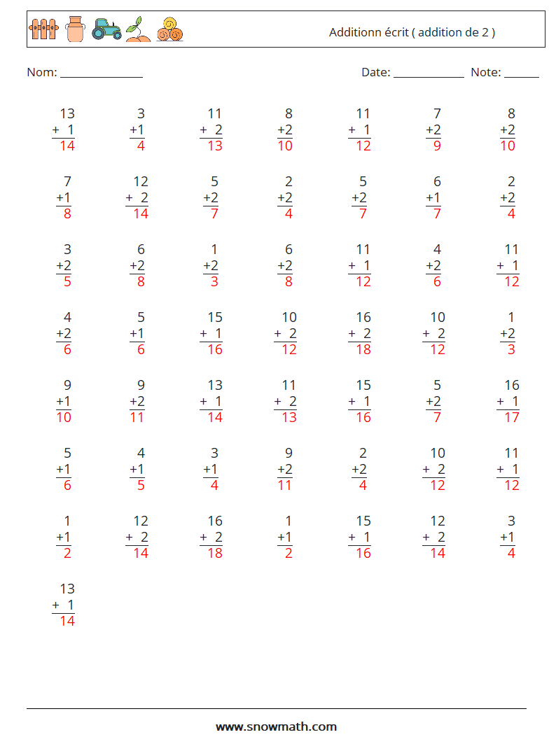 (50) Additionn écrit ( addition de 2 ) Fiches d'Exercices de Mathématiques 16 Question, Réponse