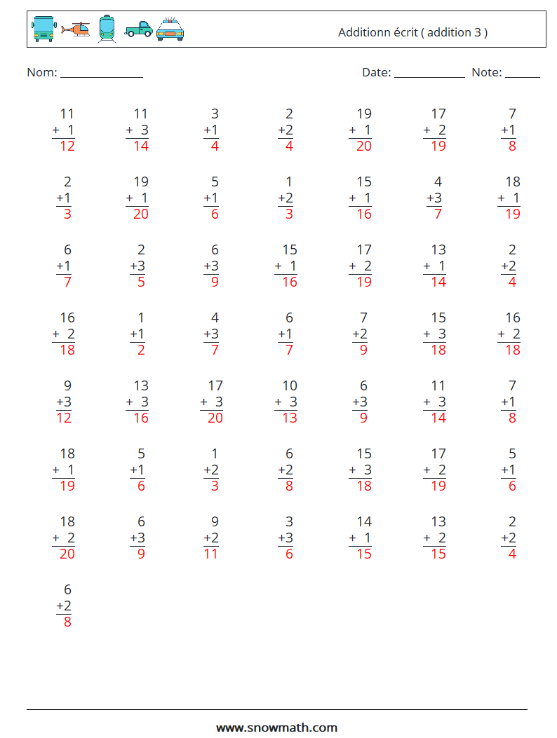 (50) Additionn écrit ( addition 3 ) Fiches d'Exercices de Mathématiques 11 Question, Réponse