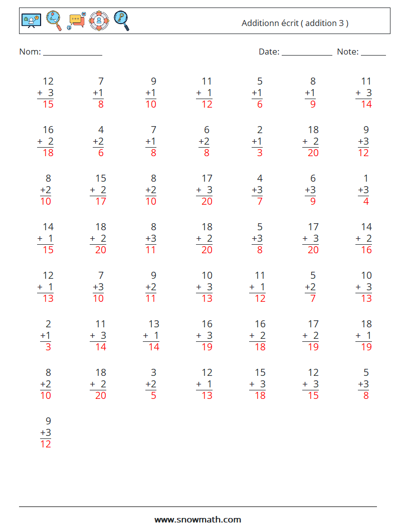 (50) Additionn écrit ( addition 3 ) Fiches d'Exercices de Mathématiques 14 Question, Réponse