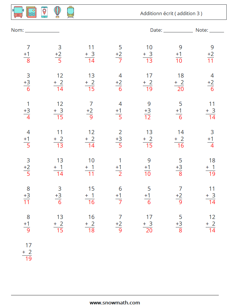 (50) Additionn écrit ( addition 3 ) Fiches d'Exercices de Mathématiques 16 Question, Réponse