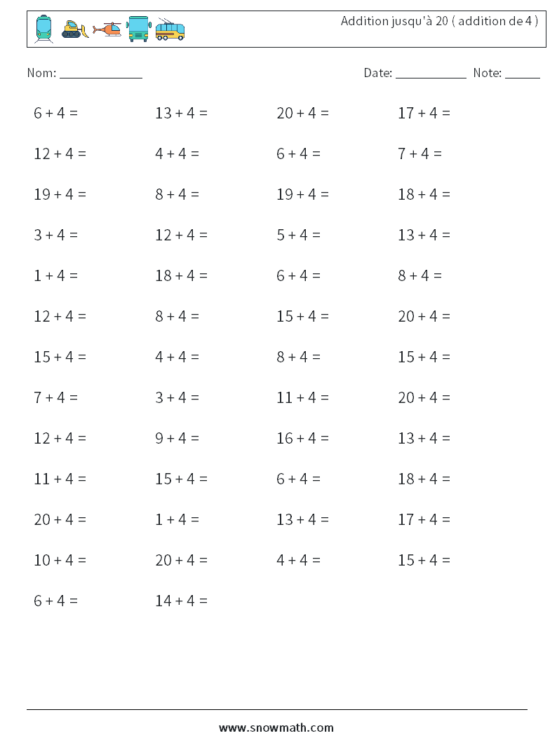 (50) Addition jusqu'à 20 ( addition de 4 ) Fiches d'Exercices de Mathématiques 2