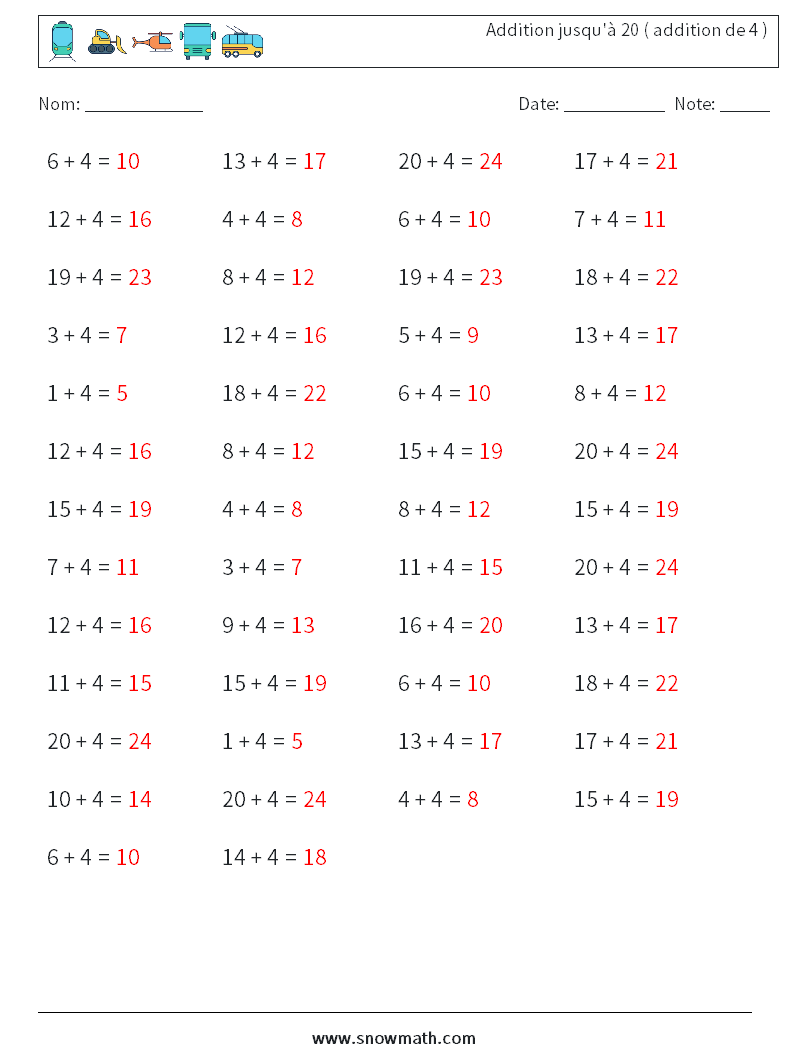 (50) Addition jusqu'à 20 ( addition de 4 ) Fiches d'Exercices de Mathématiques 2 Question, Réponse