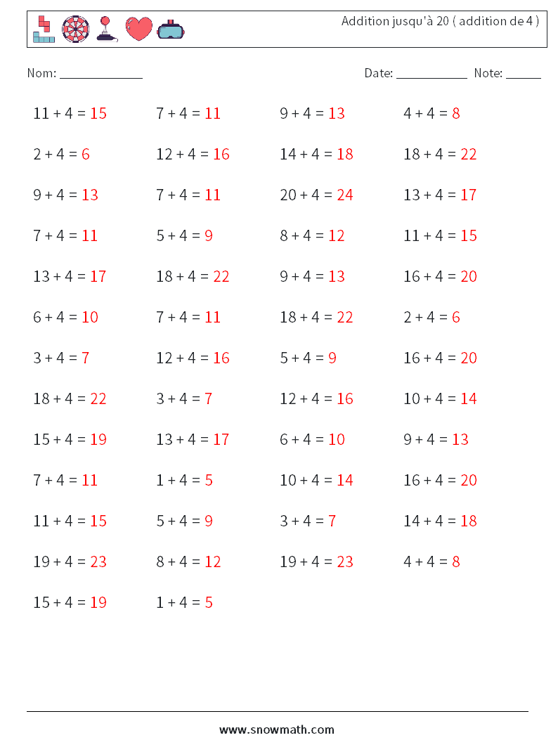 (50) Addition jusqu'à 20 ( addition de 4 ) Fiches d'Exercices de Mathématiques 3 Question, Réponse