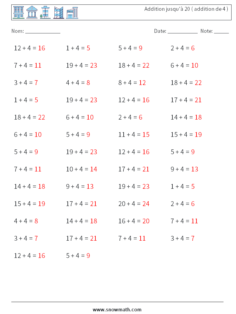 (50) Addition jusqu'à 20 ( addition de 4 ) Fiches d'Exercices de Mathématiques 4 Question, Réponse