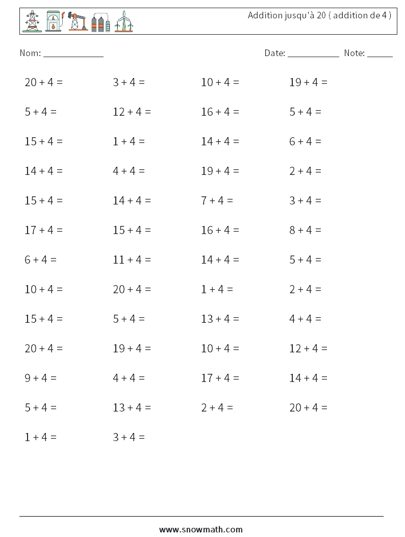 (50) Addition jusqu'à 20 ( addition de 4 ) Fiches d'Exercices de Mathématiques 5